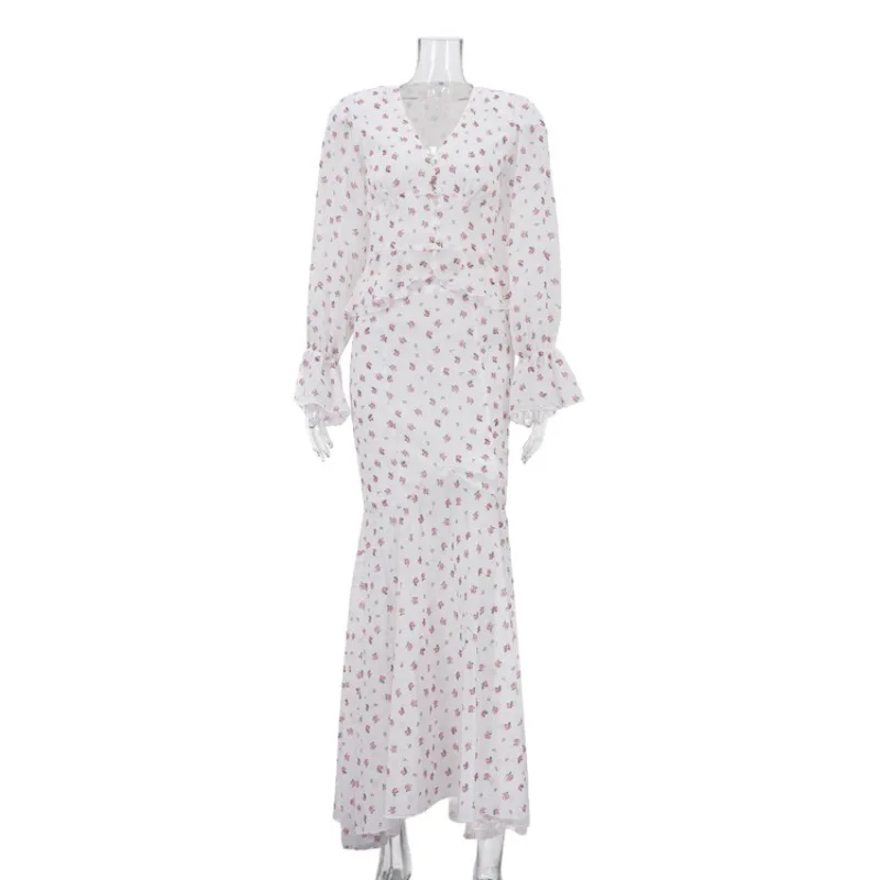 

Temperament Women's Clothing V-neck Waist Top Hip Skirt Two-piece Set Printed Skirt Set