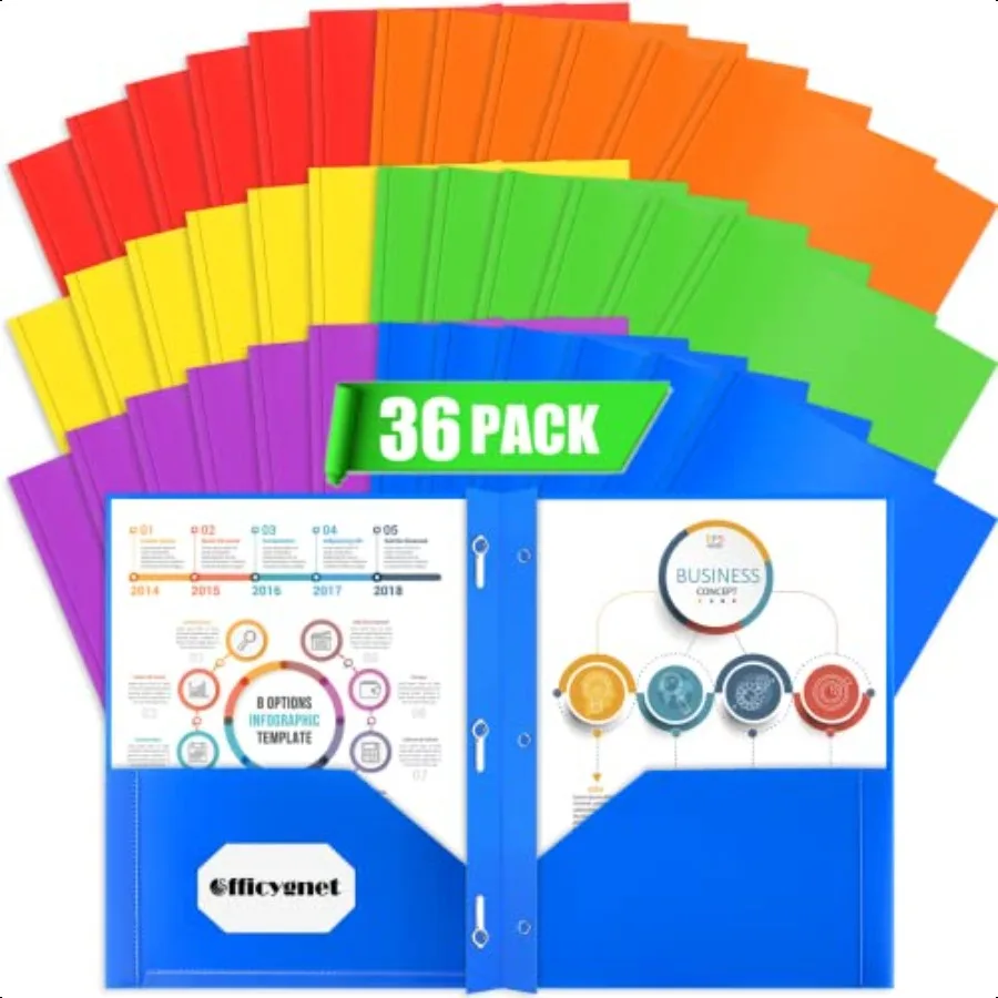 

36 Packs 2 Pocket Folders with 3 Prongs Fastener Clasps Bulk Heavy Duty Plastic Folder Multicolor Folders for School and Office