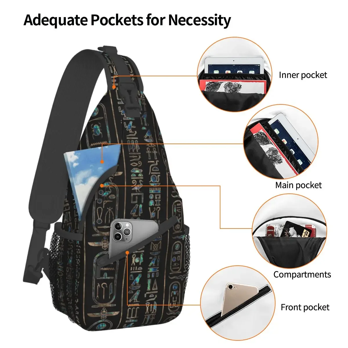 Egyptian Hieroglyphs Crossbody Sling Bag Small Chest Bag Egypt Deities Shoulder Backpack Daypack for Hiking Travel Biking Pack