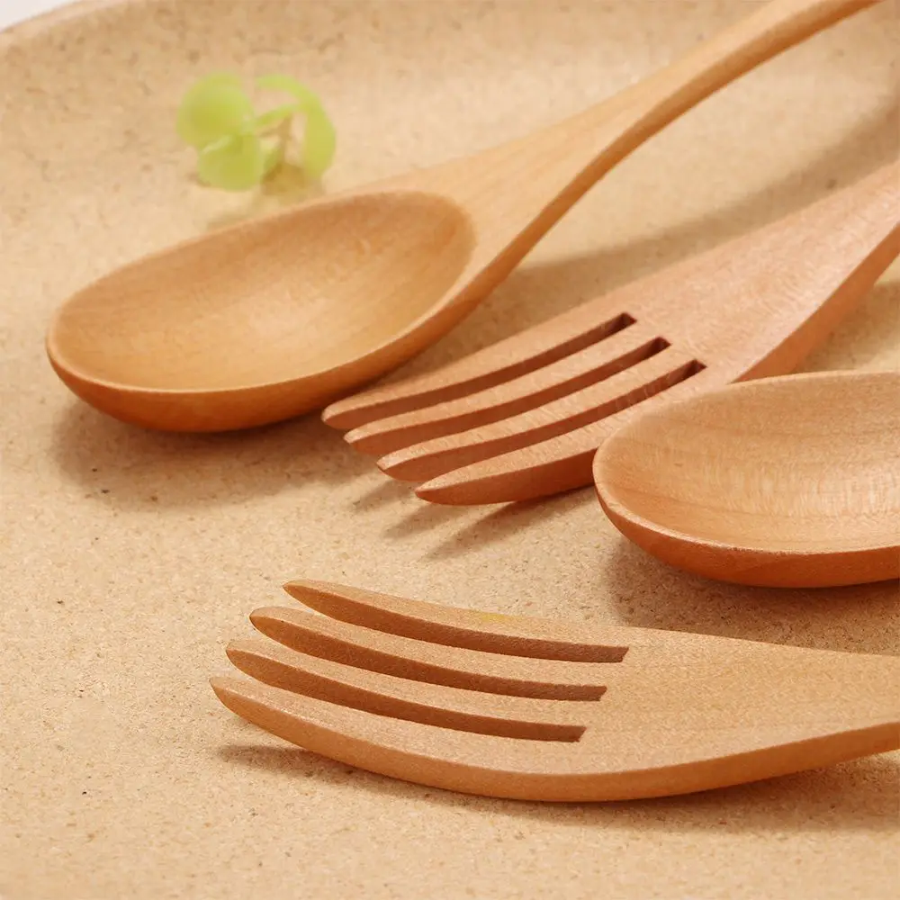 2PCS Natural Wooden Spoon & Fork Dinner Kit Rice Soups Utensil Cereal Handmade