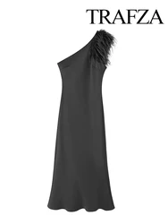 TRAFZA Women New Fashion Elegant Solid One Shoulder Sleeveless Feather Dress Female Sexy Party Hem Slit Slim Long Evening Dress