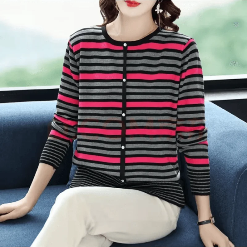 Autumn and Winter Pullover Women Trendy Basic All Match Stripe Round Collar Long Sleeve Button Round Collar Loose Casual Sweater