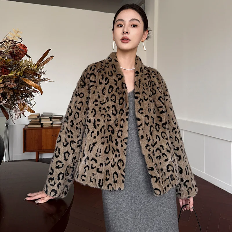 Manteau court en fourrure de vison pour femme, élégant, imprimé léopard, à la mode, polyvalent, nouvelle collection automne hiver, qualité supérieure