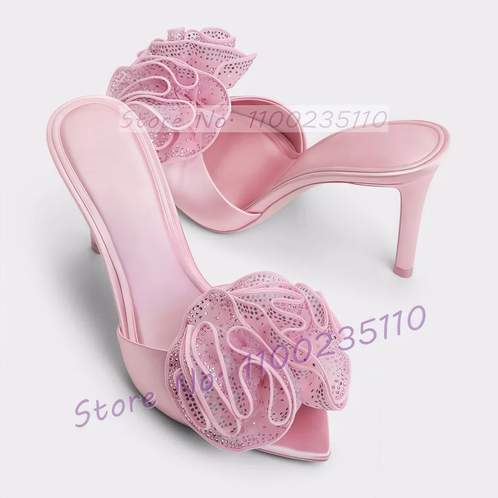 

Pink Crystal Mesh Flower Women Slippers Summer Rhinestone Satin Outdoor High Heels Slippers Luxury Open Toe Party Nifty Shoes
