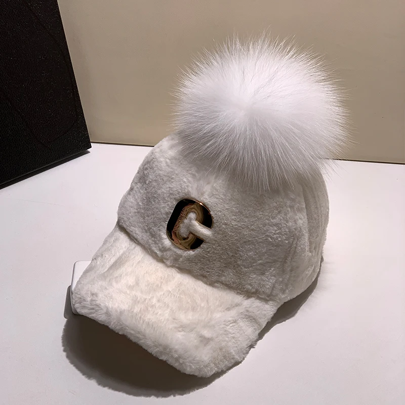 

autumn winter Plush big real fox fur pompon leisure lady baseball hat fashion letter C women leisure visors cap