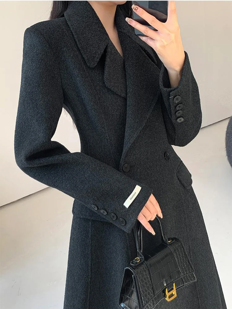 2024 Double-sided Wool Coat Women Autumn-Winter New Solid Color Lapel Lace-up Pockets Mid-length Jacket Slim Outerwear