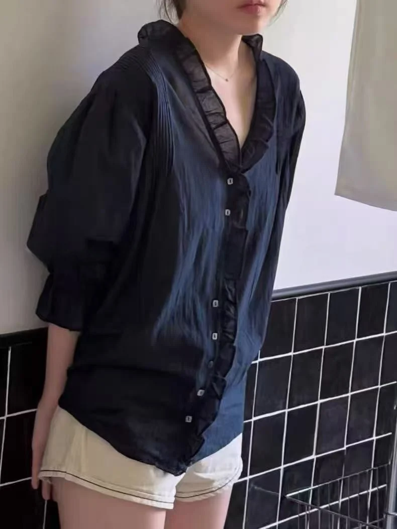 

East Gate Viaplain Pure Cotton Single Button Wood ain irt Spring Autumn New Sle Casual Loose Fit Long Sve V Ne