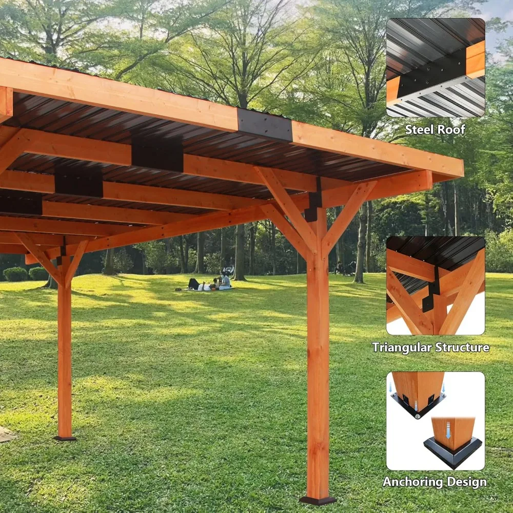 Heavy Duty Wooden Carport, Outdoor Carport Garage Shelter with Steel Roof, Hardtop Gazebo Pergola for Parking Vehicles