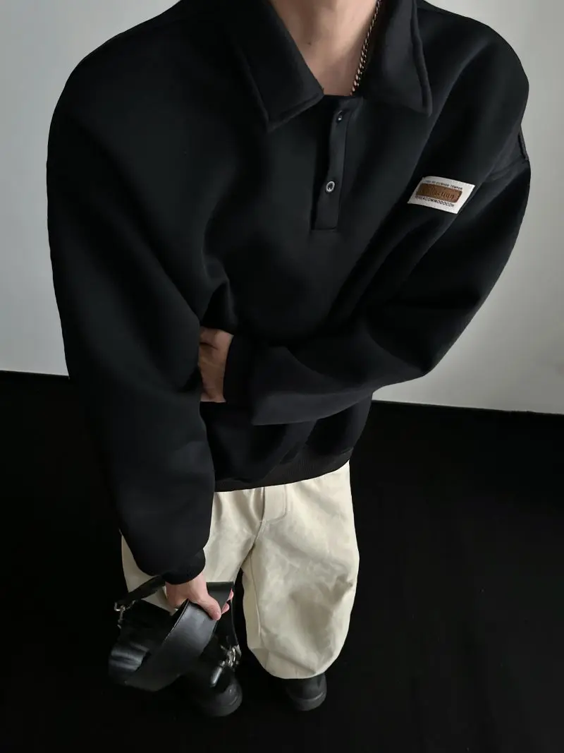 Autumn Men's Casual Solid Color Polo Neck Sweatshirt American Style Couple Loose Long Sleeve Turn down Collar Top Hoodies