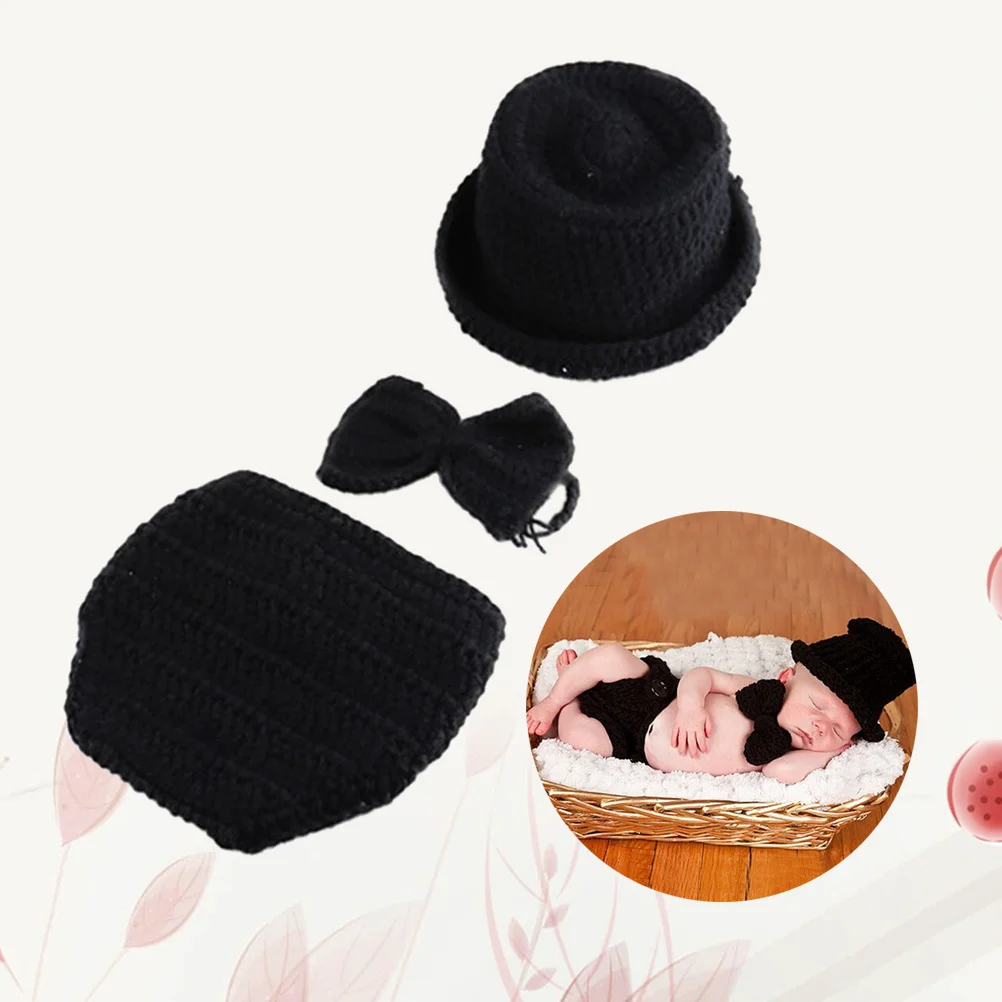 

Baby Little Gentleman Outfit Black Newborn Photography Set Knit Hat Pants Costume Baby Boy Photo Prop Newborn Photography Props