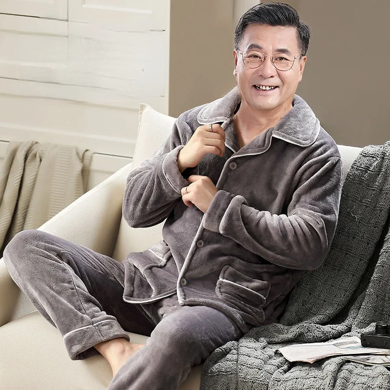 ชายฤดูหนาวกลางอายุ Loungewear ผู้สูงอายุชายชุดนอนขนแกะหนาชุดนอนปู่ Comfort เสื้อผ้าชุดสวมใส่ด้านนอก