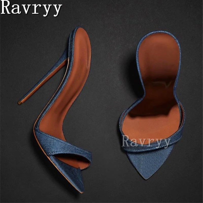 

Blue Denim Stiletto Slippers Roman Style Sex Pointed Toe Thin High Heel Women's Party Sandals 2023 Fashion Runway Shoes