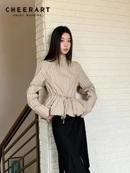 CHEERART Vintage Striped Long Sleeve Peplum Tops Beige Lace Up Stand Collar Blouse Women 2024 Autumn Clothing