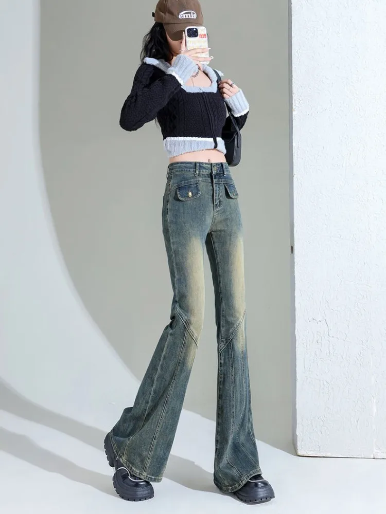 Women's Micro-Flared Jeans, Female Slim, Spice Girl, American, Plus Size, Vintage Made Old Horseshoe Pants, Fashion