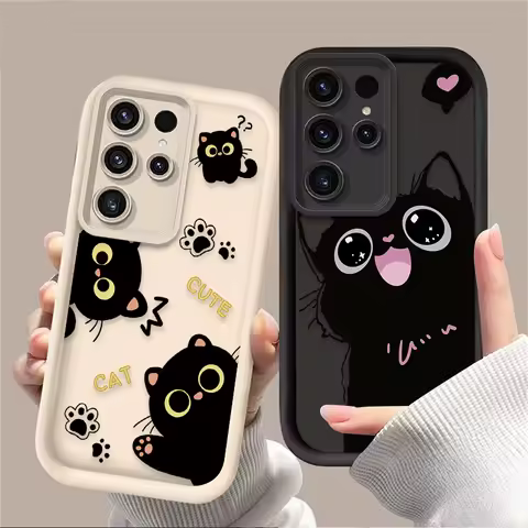 Lovely Cartoon Black Cat Phone Case For Samsung Galaxy S25 S24 Ultra S23 S22 S21 Plus FE A36 A56 A26 A16 A06 A15 A25 A35 A55 5G
