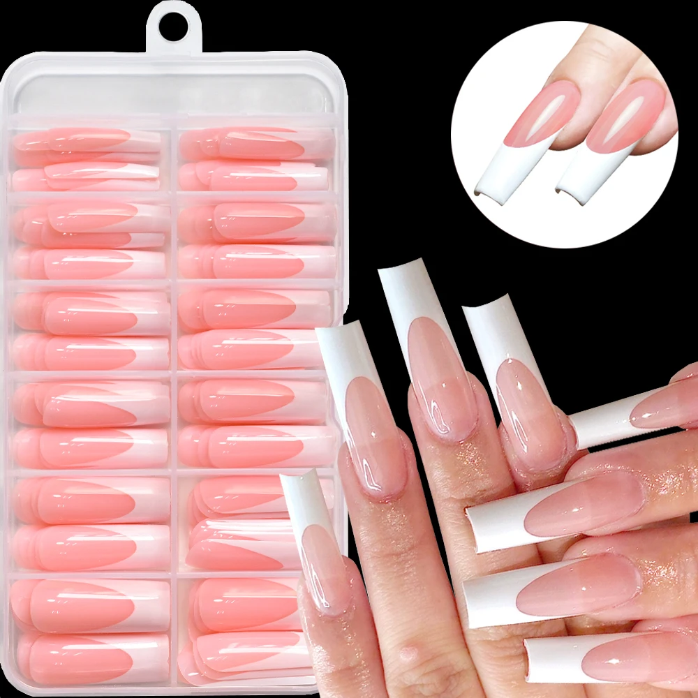 120 Stück hochglänzende quadratische französische Gel-Kunstnägel-Spitzen, lang, nackt, rosa, weiß, weiche künstliche Nägel, vollständige Abdeckung, quadratisch, zum Aufdrücken der Nägel