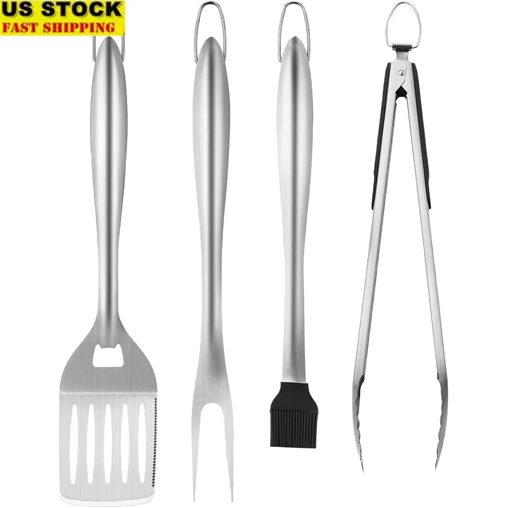 

4PCS Heavy Duty Stainless Steel BBQ Grill Tool Set with Tong Spatula Fork Brush Outdoor Cooking and Grilling Accessories