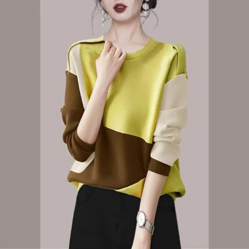 Autumn Winter Patchwork Lantern Long Sleeve Women's Round Neck Contrast Color Pullover Colorful Casual Sports T-shirt Tops