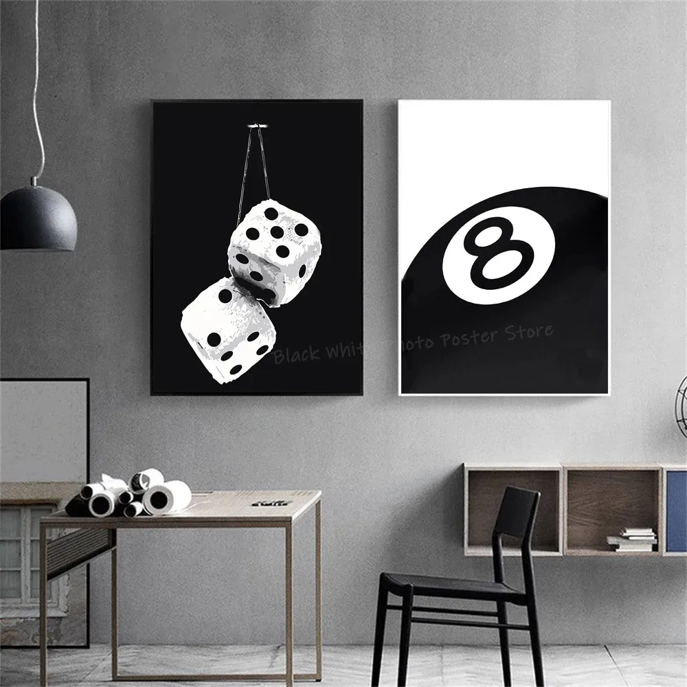 Image of Schwarz-weißes No.8 Ball Art Poster Billard Club Thema Wandkunst Leinwand Malerei Drucke Wohnzimmer Korridor Home Decor