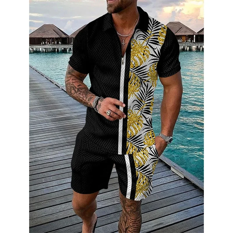 Hawaii Men Tracksuit 3D Print Beach Polo Shirts Shorts Sets 2 Pieces Man\'s Oversized Short Shirt Pants Set Suits Men Clothing