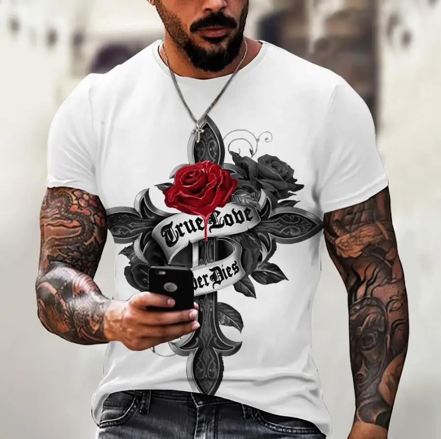 

Fashion Cross Rose Pattern Printed Men's T Shirt Round Neck Loose Tops Breathable Comfortable Summer Oversized y2k Clothes Men