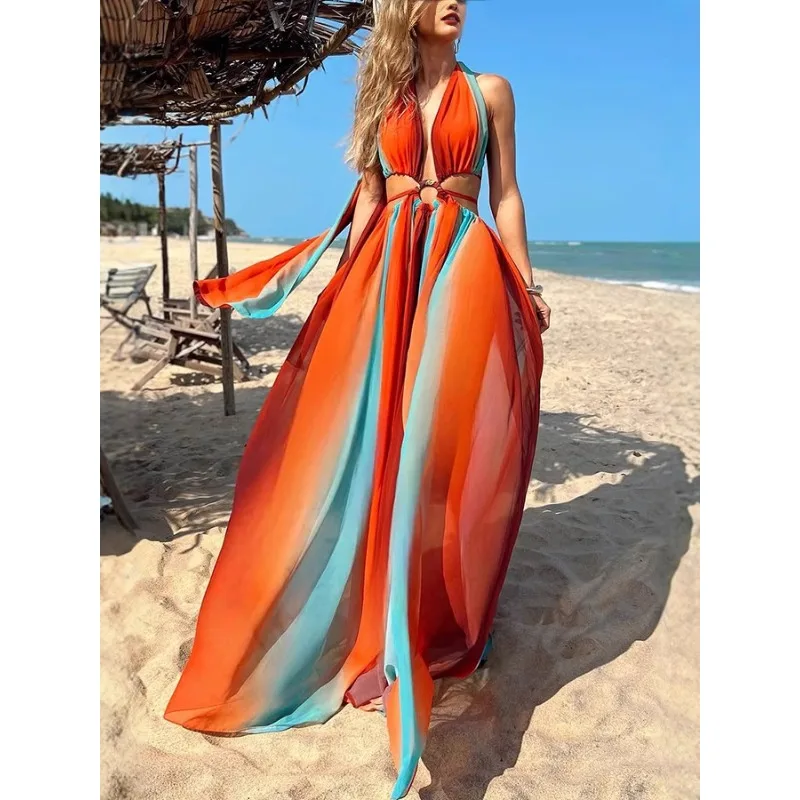 Seksowna Sukienka Maxi na Wakacje na Plaży w Kolorach Tęczy, Długa do Podłogi, Wiązana na Szyi, Bez Pleców, z Wycięciami, Szyfonowa, Plisowana, w Stylu Boho, Koktajlowa