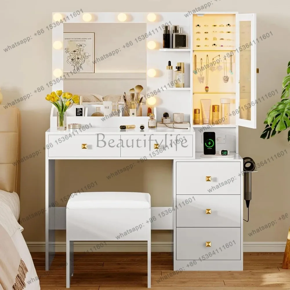 Makeup Vanity Desk Set with Mirror And Lights Small Dressing Table with 5 Storage Drawers Power Outlet And Chair