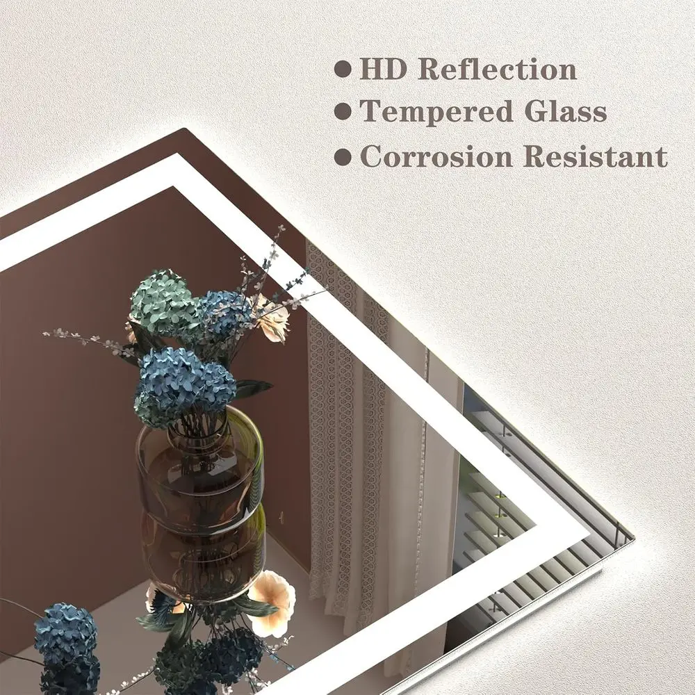 Miroir mural de salle de bain carré éclairé par LED de 30 pouces, intensité variable, antibuée, incassable, fonction mémoire, certifié ETL