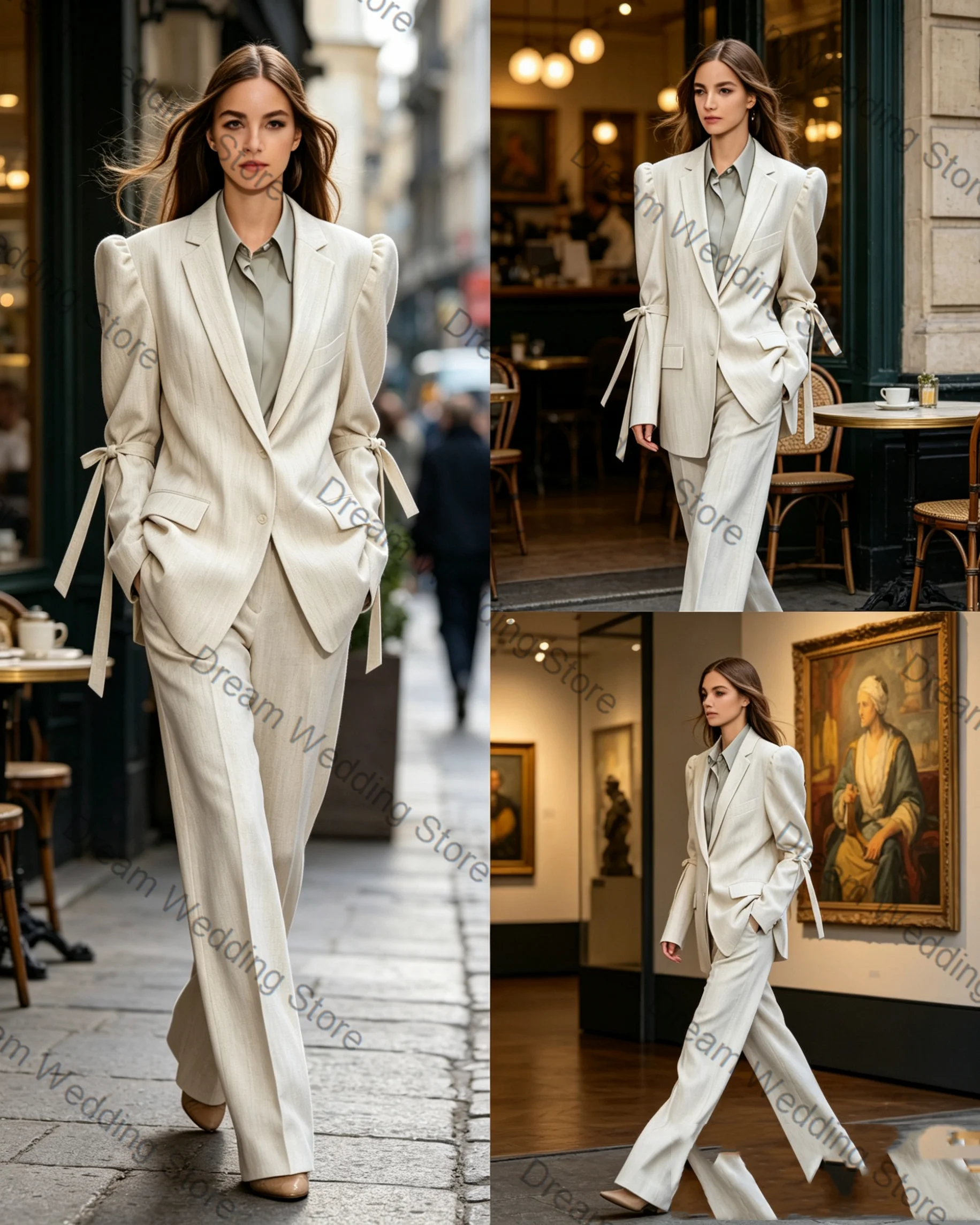 

Ivory Bow Wedding Women Suit Set 2 Pcs Blazer+Pants Trousers Formal Office Lady Jacket Customized Wedding Guest Coat