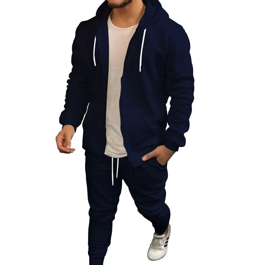 Spring Autumn Sports Mens Sets Solid Color Fashion Casual Suit Hooded Cardigan Coat and Trousers Menswear Two Piece Set