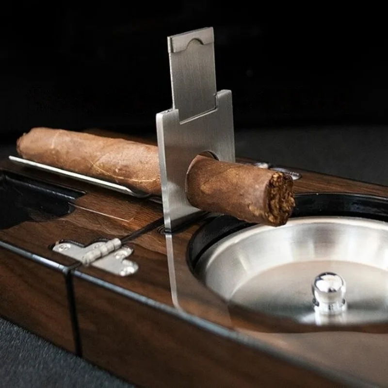 Classic Cigar Tool Kit Light Luxury Set Foldable For Cihaba Cutter Puncher Ashtray 3 In 1 Wood Steel Travel Smoking Accessories