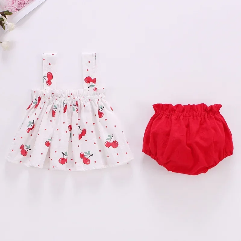 Baby Girl Summer Dress Suit Little Girl Clothes 0-2 Years Infant Toddler Cherry Sling Dress Bread Pants Two-piece Clothing Set