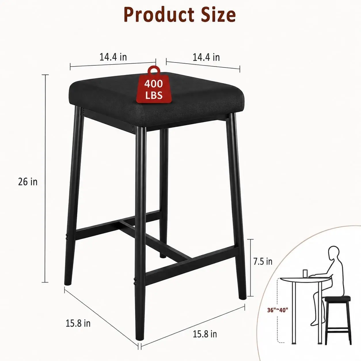 Backless Counter Height Bar Stools Set of 4, Metal Legs Kitchen Island Dining, 26 Inch, Customized