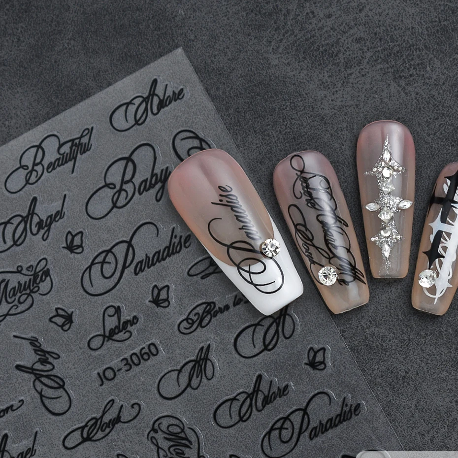 Buchstaben-Nagelaufkleber im Y2K Gothic-Stil, schräg gestaltetes englisches Design, goldene, silberne, schwarze, weiße Nagelaufkleber, DIY-Nageldekor – Detail 5