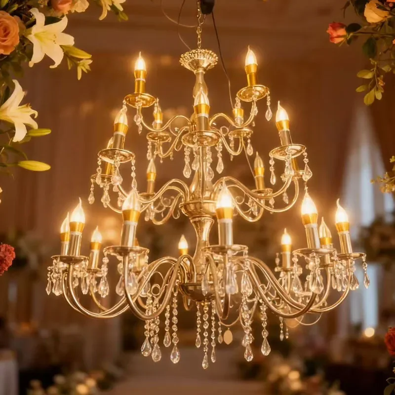 European Style Three Tier Wrought Iron Crystal Chandelier For Wedding Hall Ceiling Decoration Elegant Hanging Light Fixture