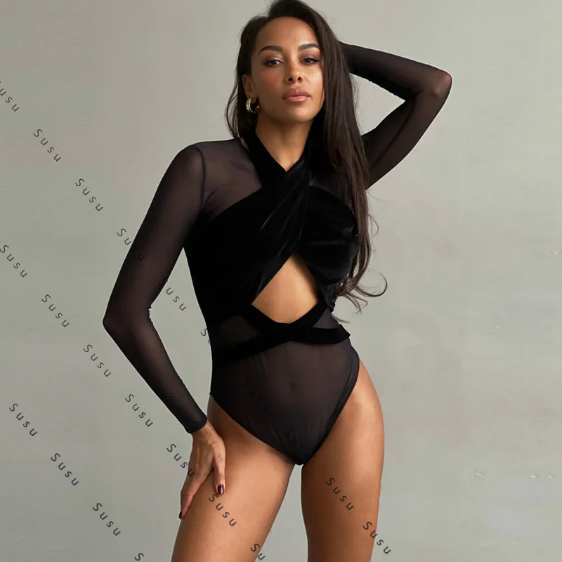 

2025 new European and American women's mesh splicing cross long-sleeved hollow sexy hot perspective high-waisted onesie tide