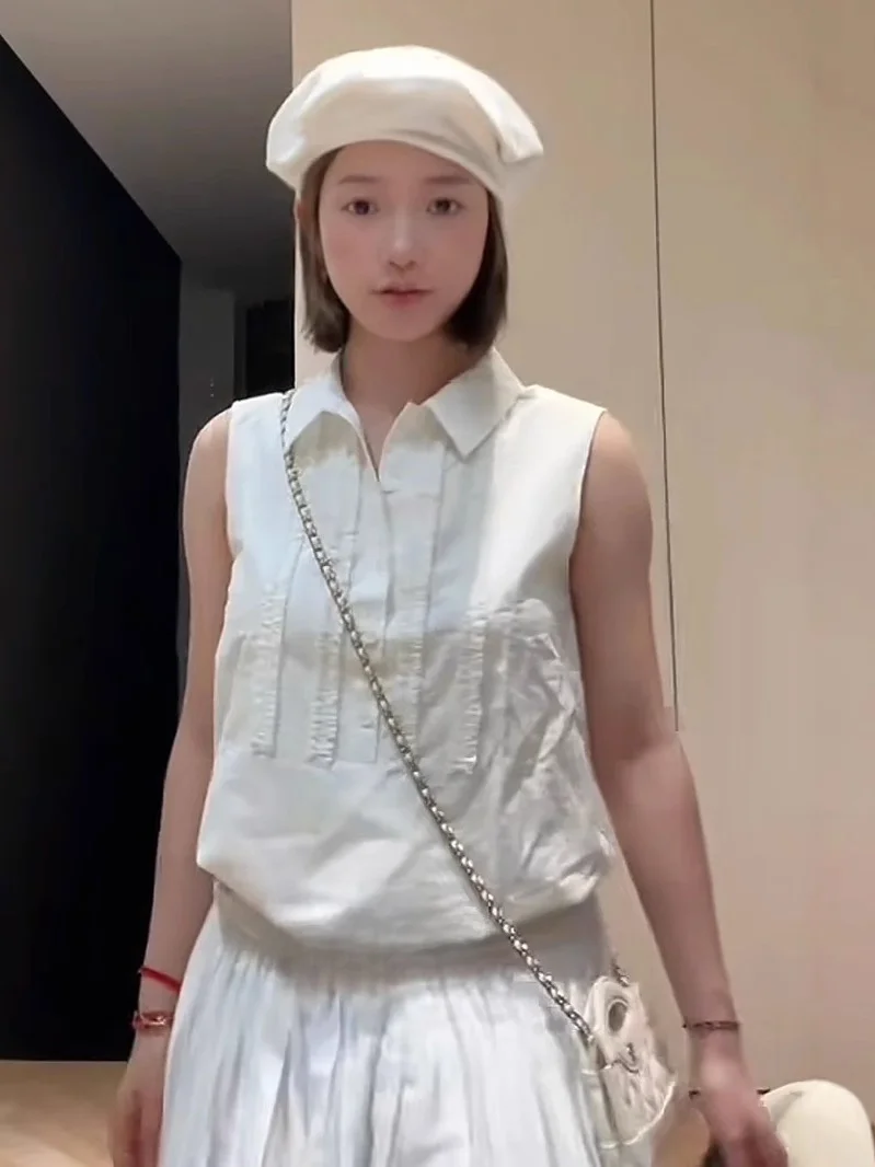 

Pure Cotton Lightweight Casual Half Open Collar Ruffle Trim Shirt for Women by Tagkita Summer 2025 Straight Cut Sleeveless