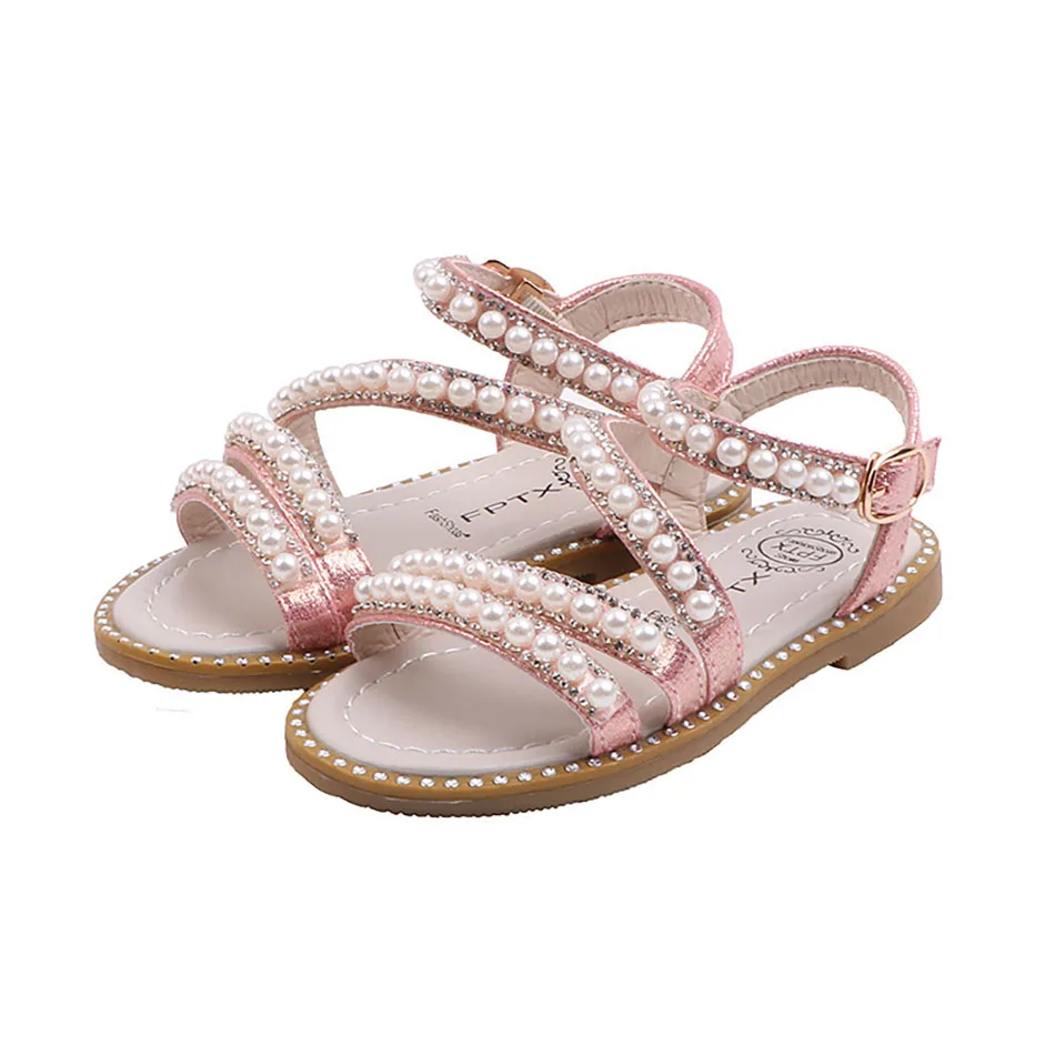 

Elegant and Playful Girls Sandals with Pearls Open Toe Children Princess Shoes Tween Summer Outings School Casual Shoes 2024 New