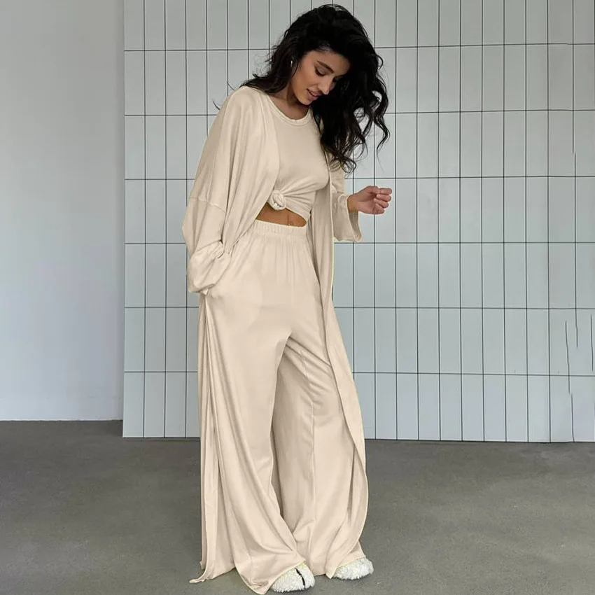 Women Fashion Lounge Set Vintage 3 Piece Outfit Spring Autumn O Neck Waist Tie T-shirt+Elastic Waist Pants Long Sleeve Crop Tops
