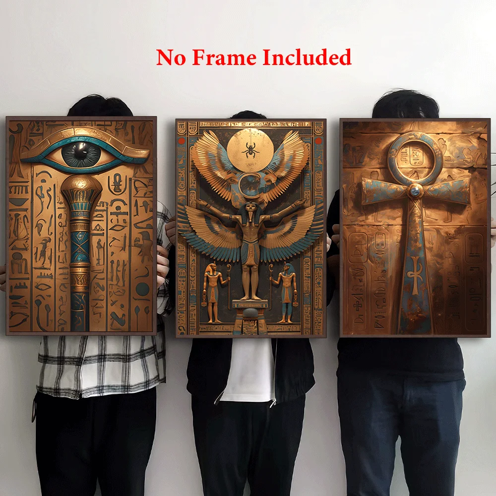 （NoFranme 3PCS）-A Set of Three Unframed Wall Murals Depicting Egyptian Mythology, Measuring 15.7X23.6 Inches, Featuring Magic