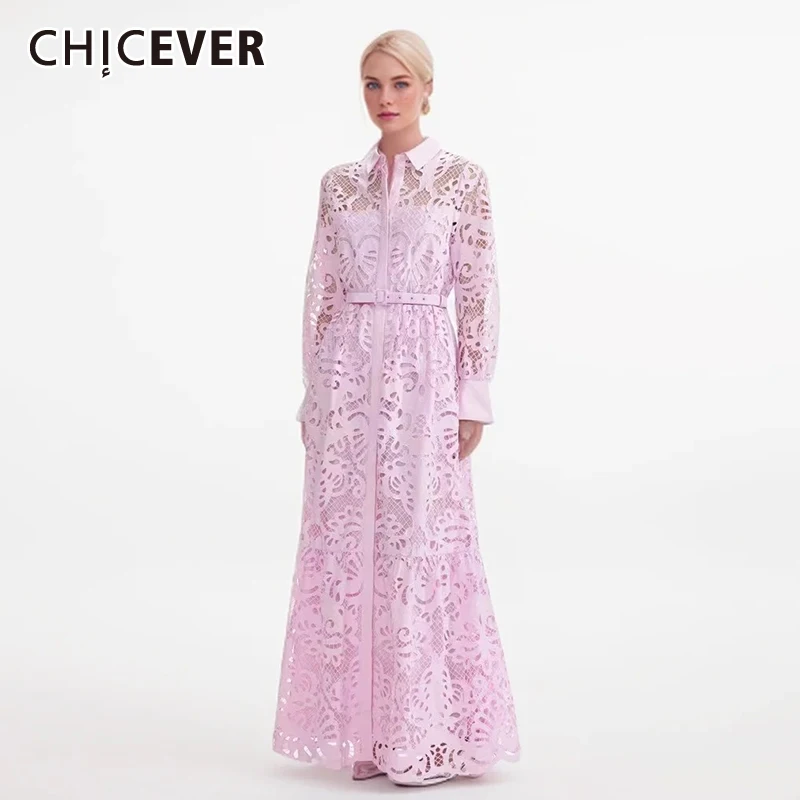 

CHICEVER Solid Embroidery Maxi Dresses For Women Lapel Long Sleeve High Waist Patchwork Lace Up Single Breasted Dress Female New