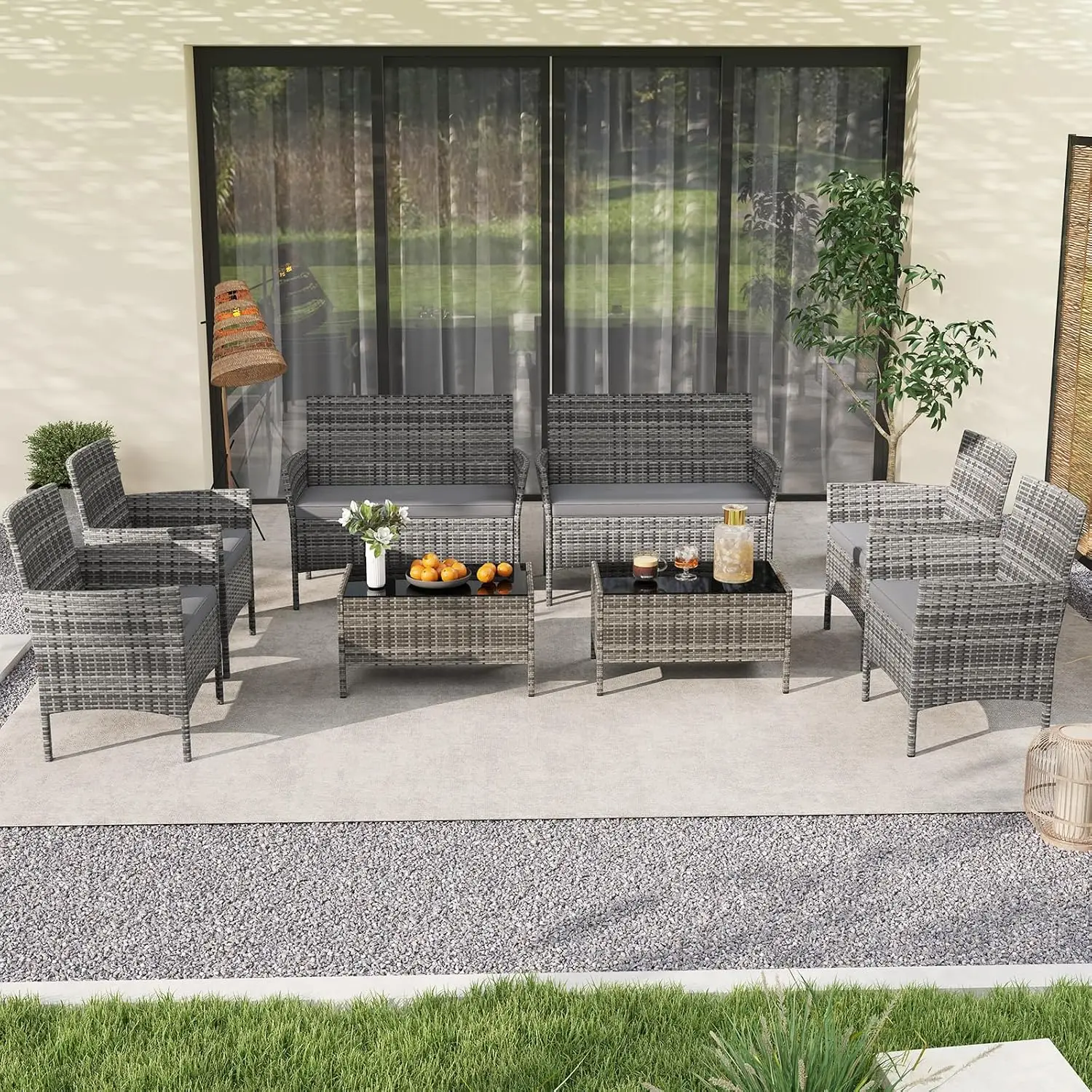 8-Piece Rattan Patio Set W/Cushions, Glass Table, Wicker Chairs & Loveseat For Garden Backyard Porch, Mix Grey, Customized