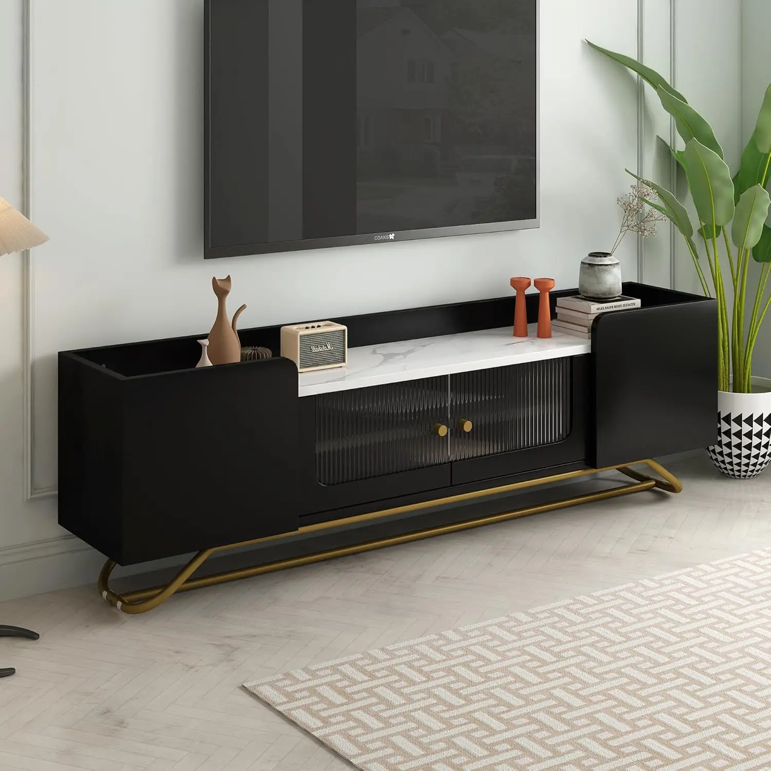 Design elegante TV Stand com vidro caneladas, centro de entretenimento contemporâneo para TVs de até 70 ", topo de mármore falso, mesa console