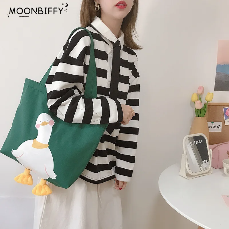 New Large Women Shoulder Shopper Bag Cute Duck Cartoon Print Casual Kawaii Canvas Tote Shopping Bag Cotton Cloth Eco Handbags