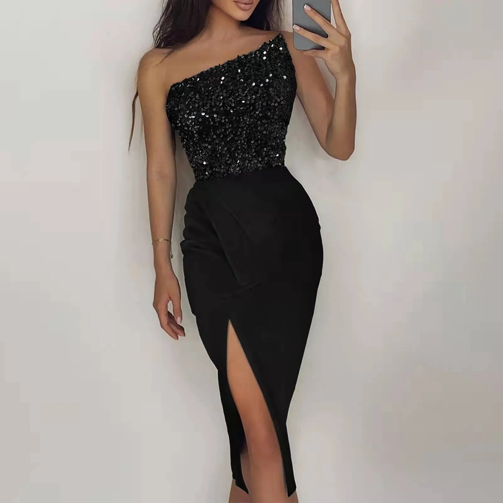 New Sexy Sequins Fork Elegant Long Dresses For Women 2024 Off Shoulder Marriage Dress Bodycorn Party Dress Female Clothes Outfit