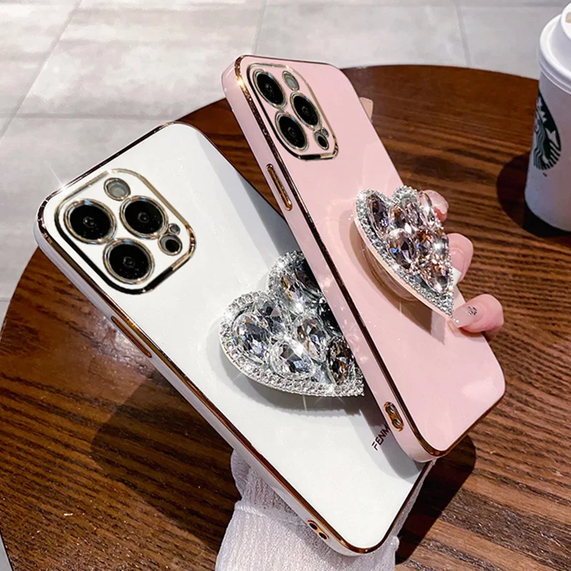 Stylish Diamond Heart Case for iPhone 15 Pro Max 14Plus 12Pro 13 11 XS XR XSMax Bling Plating Stand Cover