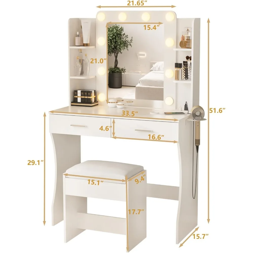 Vanity Desk with Lights, with Power Strip, Dressing Table with 2 Large Drawers, Vanity Mirror Lighting Color Adjustable