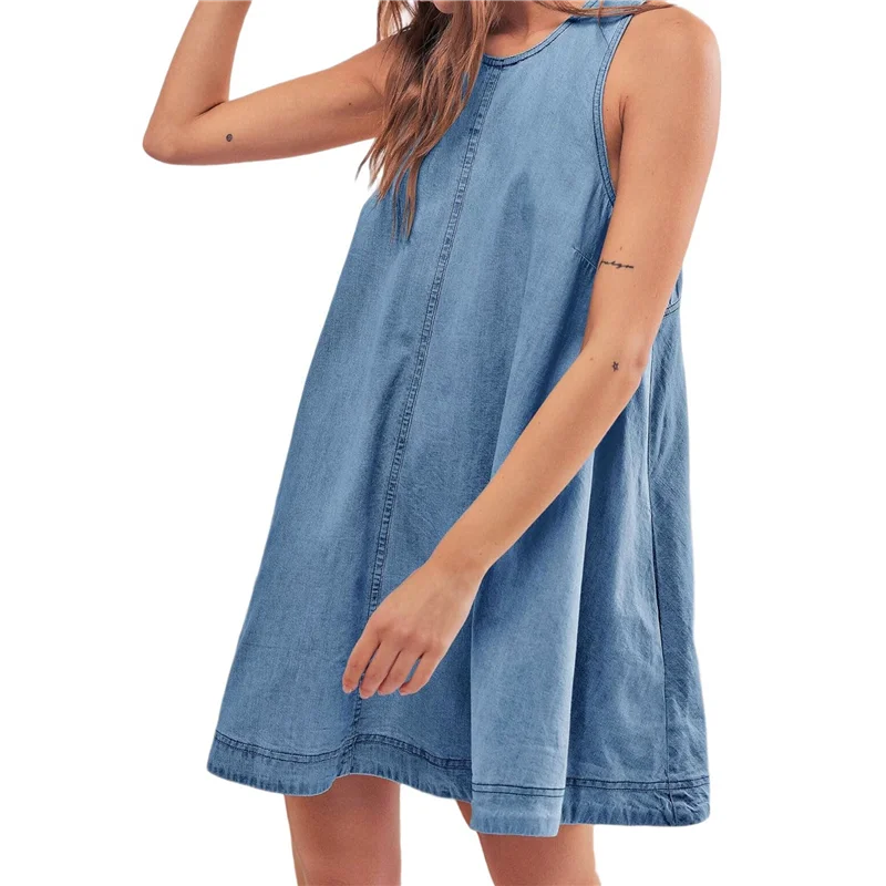 FX-Women's Sleeveless Denim Babydoll Mini Dress Summer Casual Cutout Back A-Line Flowy Jean Dress With Pockets