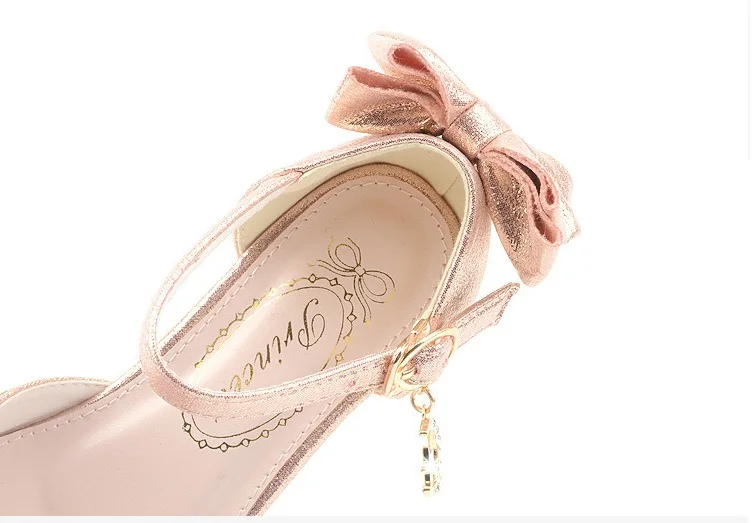 Princess Kids Leather Shoes for Girls Dress Shoe Glitter Children High Heel 2023 Girls Shoes Butterfly Knot Gold Pink Silver