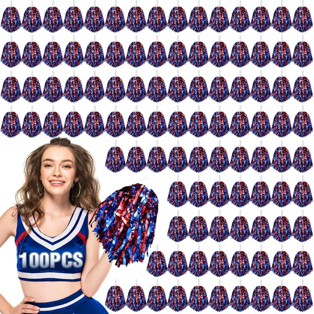 

100Pcs Metallic Cheerleading Pom Poms with Baton Handle Cheerleader Pompom Foil Cheer Pom Poms 30g Cheering Squad Hand Flowers.